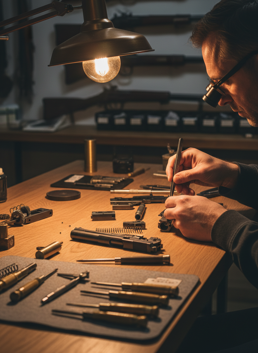 Gunsmith repairing a pistol on a workbench with precision tools